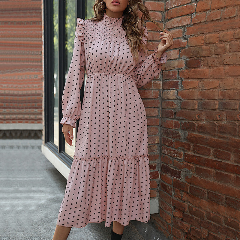 LOVECCR   Hot autumn new 2025 women's clothing lotus leaf flying sleeves polka dot splicing cake dress