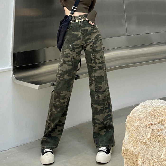 Camouflage Cargo Pants Women's American High Street Niche Tie-Dyed High Waist All-Matching Pear-Shaped Wide-Leg Trousers Straight Jeans Women