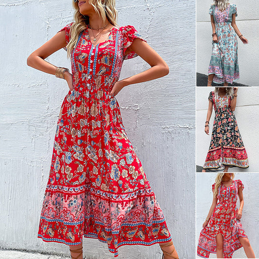 LOVECCR  explosion New3 summer new long skirt 2025  v-neck ethnic printing split dress