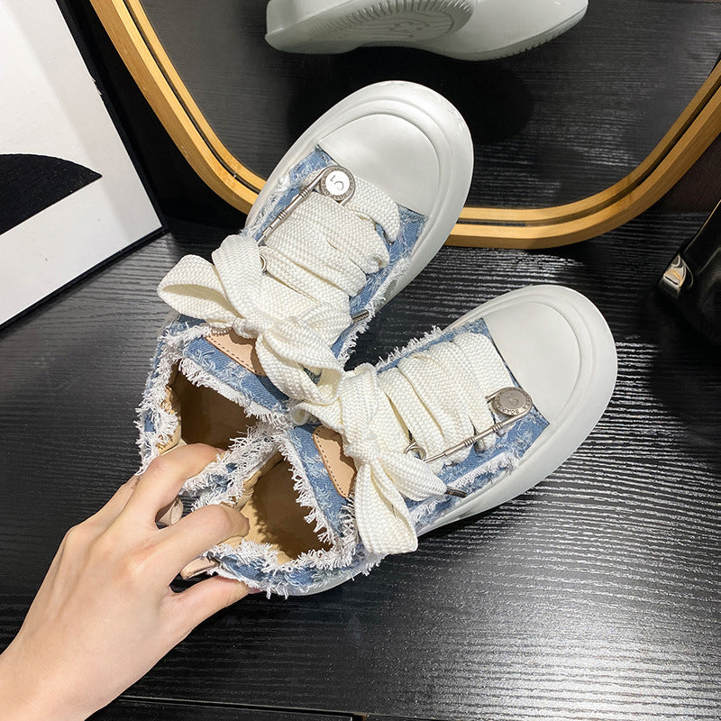 loveccr Zhao Lusi Star Same Style round Head Thick Bottom Bubble Shoes Female  New Super Soft Lace-up Beggar Shoes Easy Wear Borad Shoe