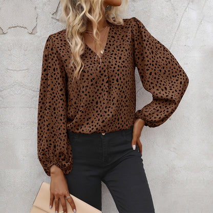 LOVECCR Cross-border  popular spring and summer Popular trade 2025 commuter tops long-sleeved V-neck leopard print design shirts women