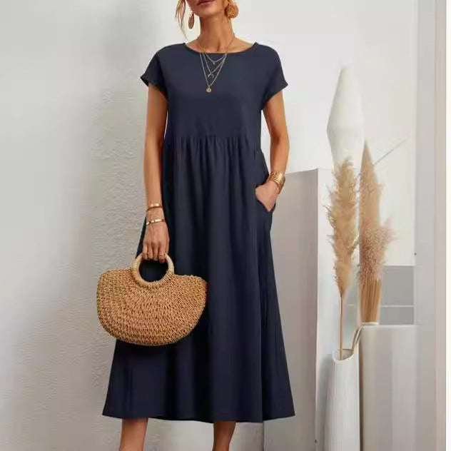 ebay European and American Solid Color Sleeveless Loose Cotton Linen Pocket Dress in Stock