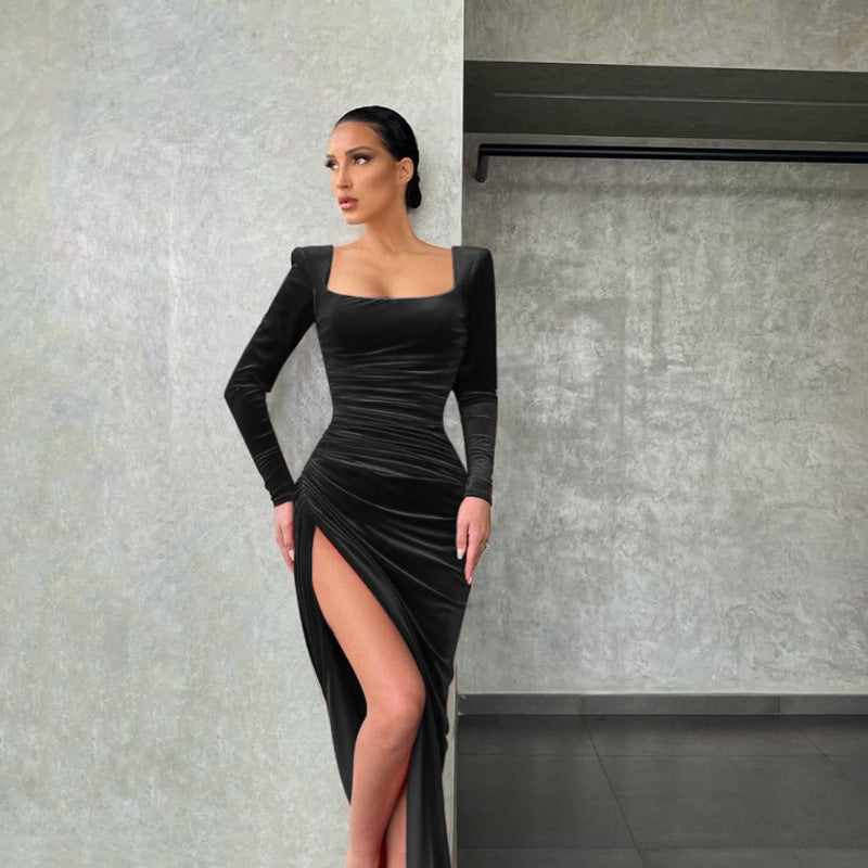 LOVECCR  2022  European and American Women's Clothing Winter Temperament Sexy Square-Neck Fold High Waist Tuxedo Dress