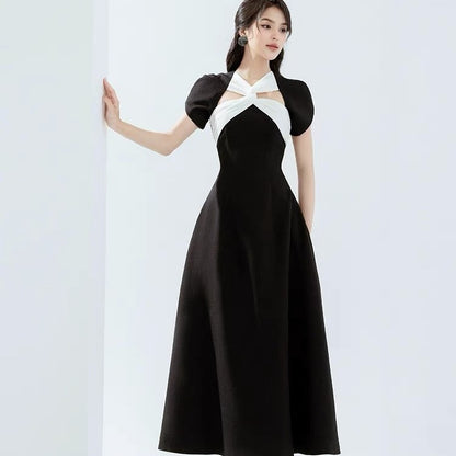 LOVERCCR  Vietnam Niche Design Black and White Contrast Color Short-Sleeved Dress  Spring and Summer New Waist-Tight Slimming Expansion Skirt Women