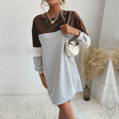 LOVECCR popular autumn new Popular trade women's clothing round neck straight skirt color matching casual medium and long pullover sweater skirt