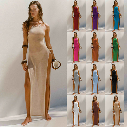 New Exclusive for Cross-Border Popular Double-Sided High Slit Sling Beautiful Back Knitted Dress Beach Vacation Style