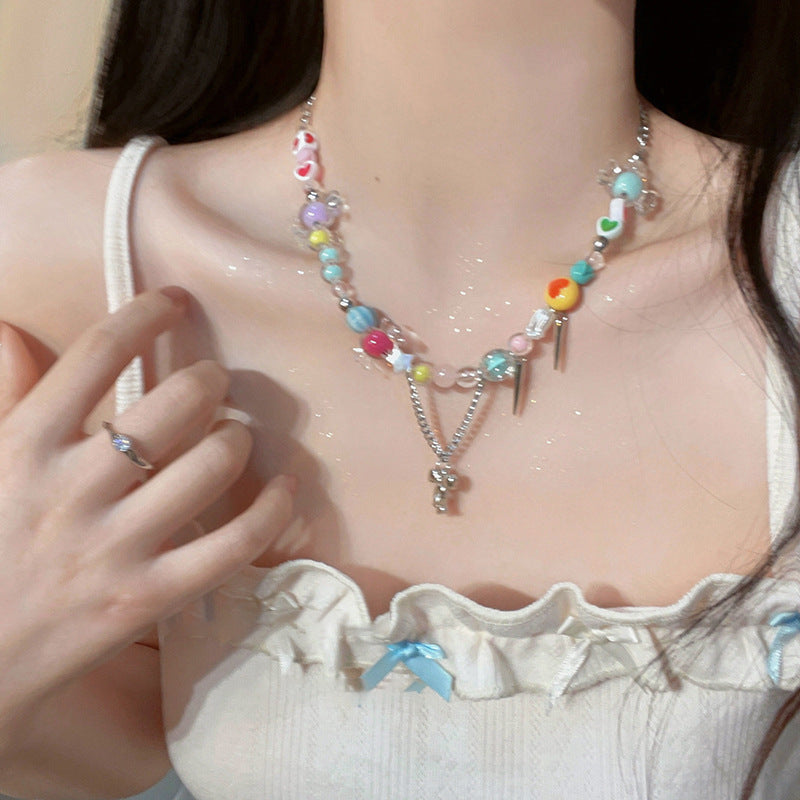 LOVECCR INS Dopamine Color Beaded Necklace  New Fashion All-Match Special-Interest Design High Sense Necklace