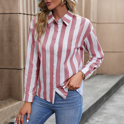 LOVECCR New Autumn Women's Clothing Hot New Hot Trade Cardigan 2025  Long Sleeve Commuter Striped Shirt