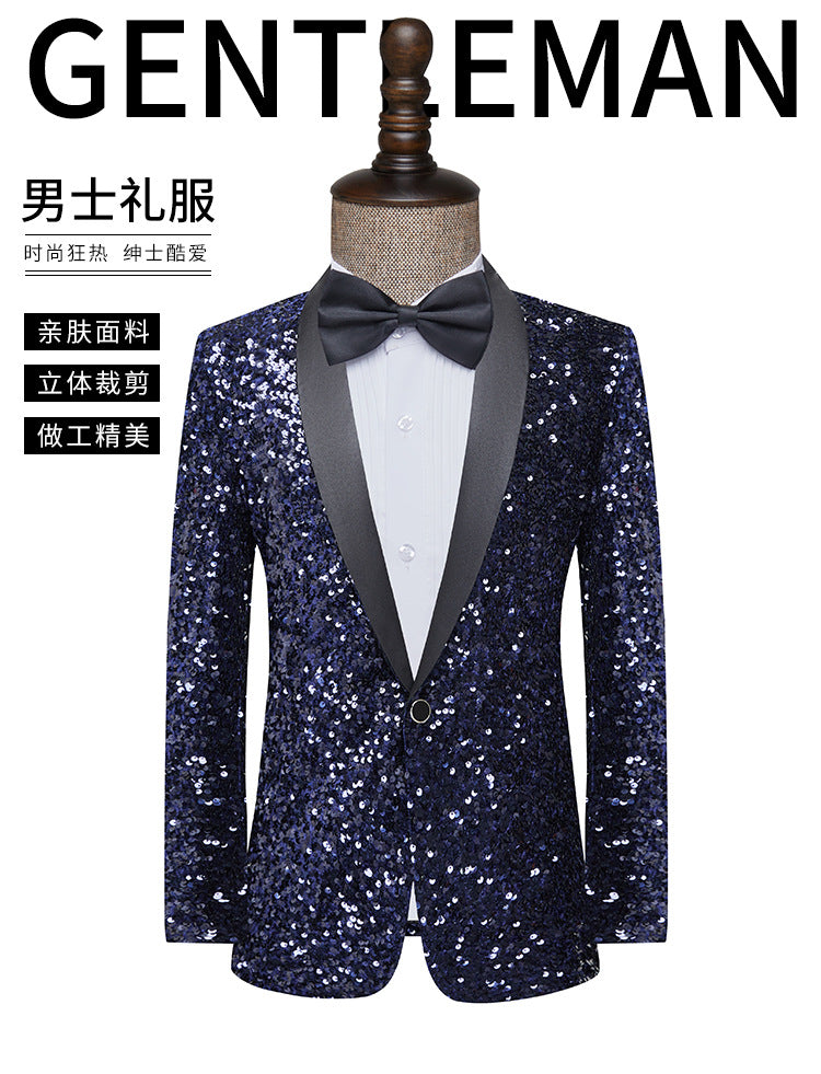 LOVECCR   Men's Dress Sequined Color-Changing Flash Bar DJ Nightclub Stage Performance Suit Host Singer Navy Blue Coat