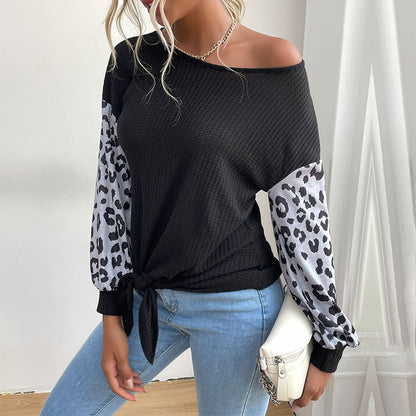 LOVECCR 2023 New Autumn Middle East Women's Clothing Crew Neck Pullover Long Sleeve Splicing Black Leopard Print T-Shirt Women