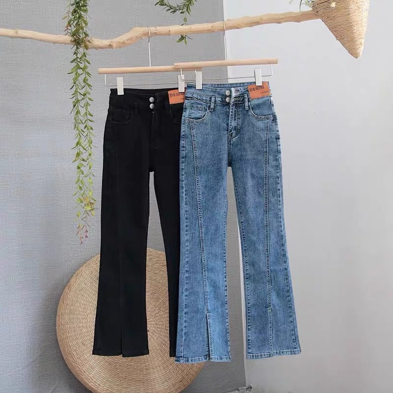 2024 Summer New Korean Style High Waist Denim Trousers for Women Bell-Bottom Pants Popular Korean Style Live Broadcast Hot Selling Stall Wholesale