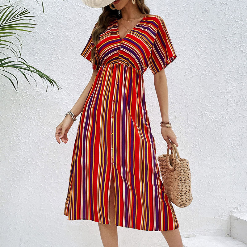 LOVECCR 2025  color striped casual dress temu new V-neck button high waist long dress women