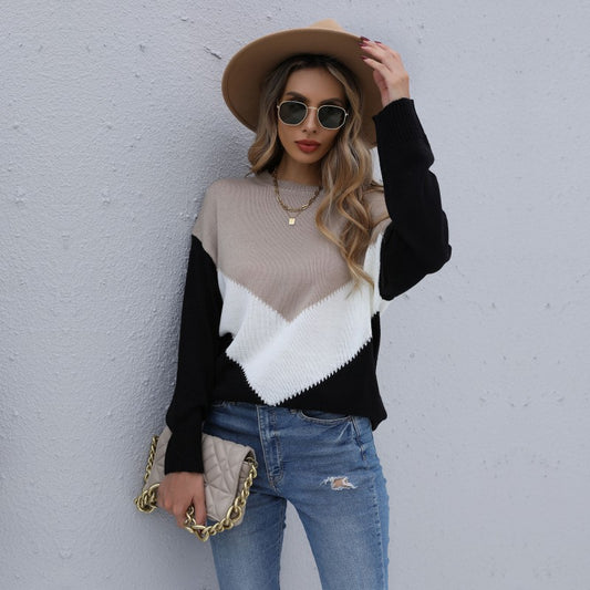 LOVECCR Autumn New popular 2025 Color Matching Crew Neck Long Sleeve Knitted Bottom Shirt Pullover Women's Top