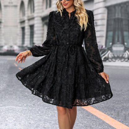 LOVECCR New Hot Trade Black Skirt Hot Autumn New 2025 Jacquard Long Sleeve  Dress