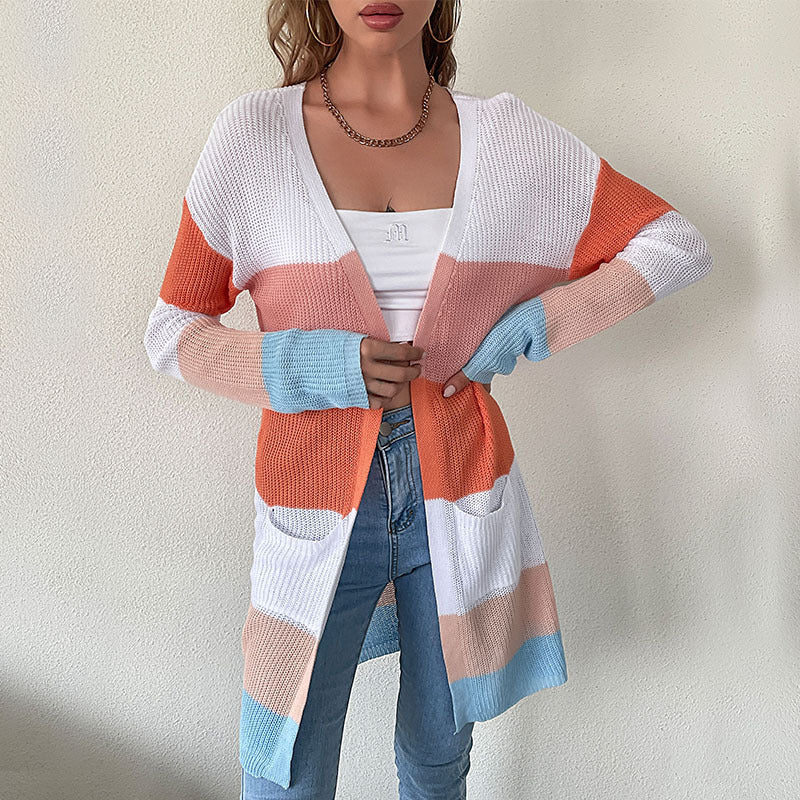 LOVECCR trade women's clothing Hot new early autumn medium and long sweater jacket Japanese striped knitted cardigan