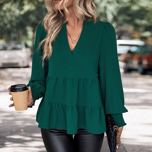 LOVECCR   Hot new women's shirt ruffle edge top V-neck shirt autumn popular solid color women