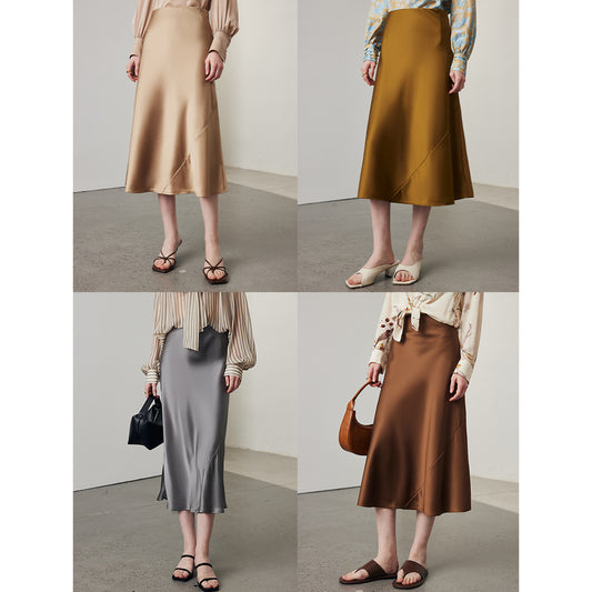 Silk Skirt Female  Spring and Summer New Solid Color Commute Stretch Satin a Version Small Satin Mulberry Silk Skirt