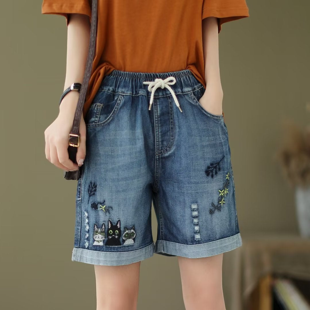 Japanese Style Denim Shorts Women's Summer Thin Loose Slimming Retro Casual Embroidered Shorts Wide Leg Pants