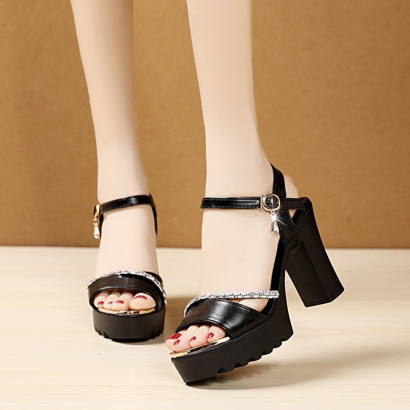 loveccr  Cross-Border Sandals Women's Summer High Heel Chunky Heel Waterproof Platform  New Korean Style Buckle Strap Peep Toe Women's Shoes Wholesale