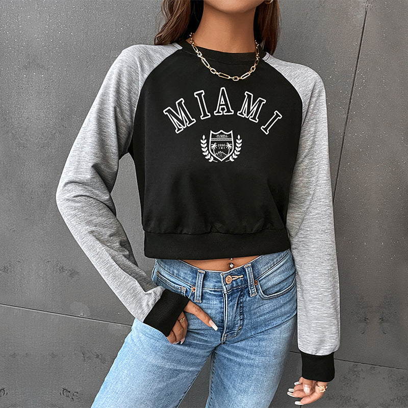 LOVECCR popular new spring leisure sports college style 2025 color matching short navel round neck letter pullover sweater women