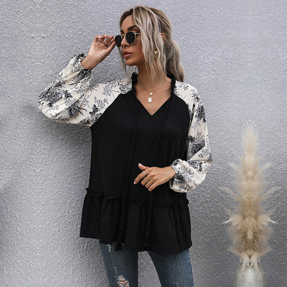 LOVECCR New Cross-border Hot Trade 2025 Style Casual Top Loose Splicing Long Sleeve V-Neck Black Doll T-Shirt