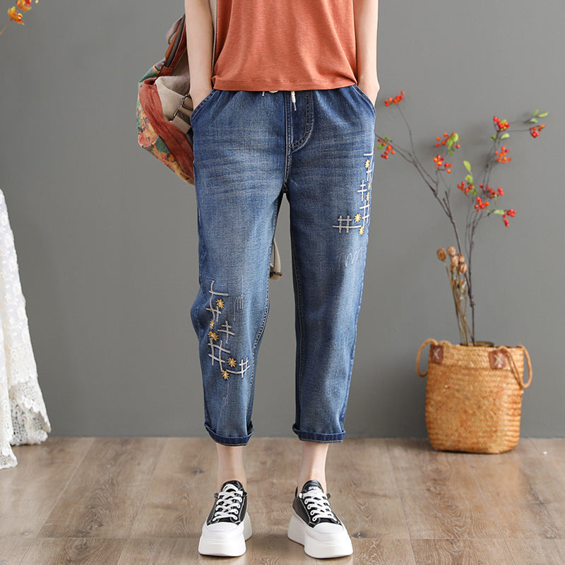 Women's Jeans Spring and Autumn Ripped Artistic Embroidered Women's Cropped Pants Elastic High Waist Oversized Jeans Women's Loose