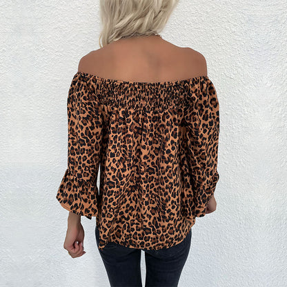 LOVECCR Cross-border New Autumn New Women's Clothing Loose One-Word Shoulder Pullover Bottom Leopard Chiffon Shirt