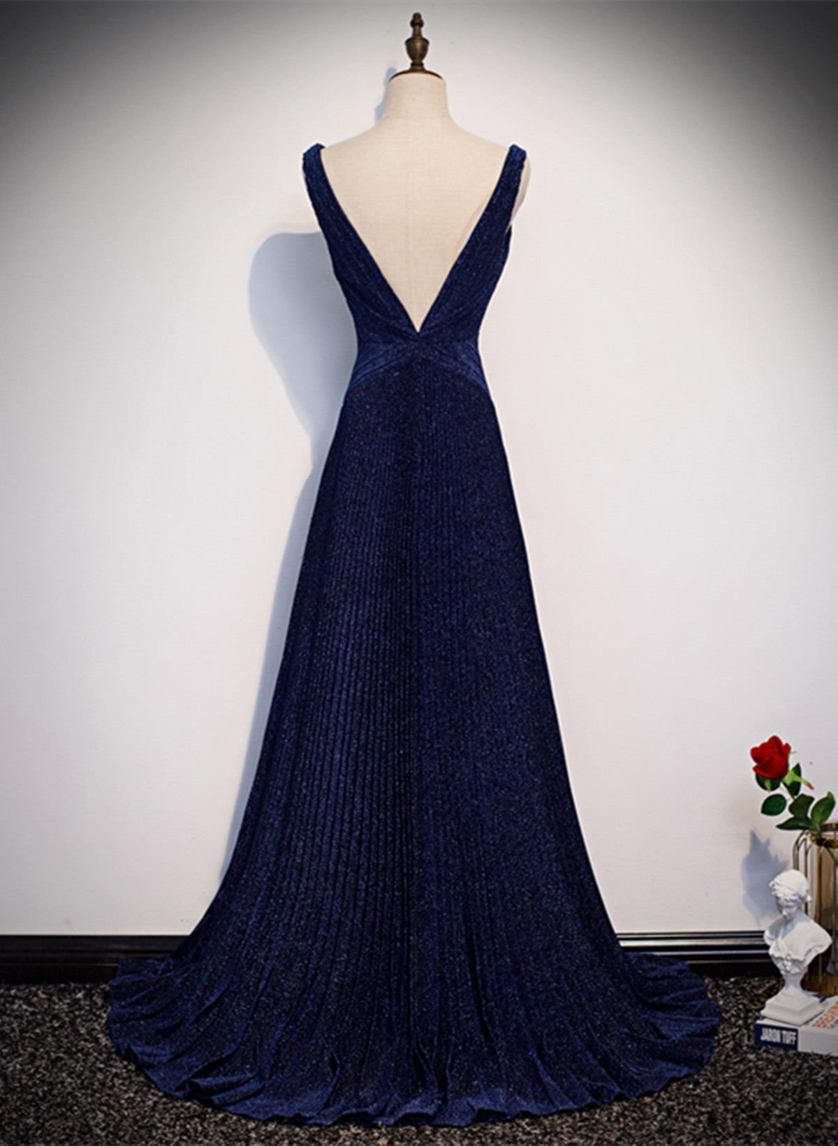 LOVECCRA-line Navy Blue V-neckline Long Party Dress, Navy Blue Long Prom Dress