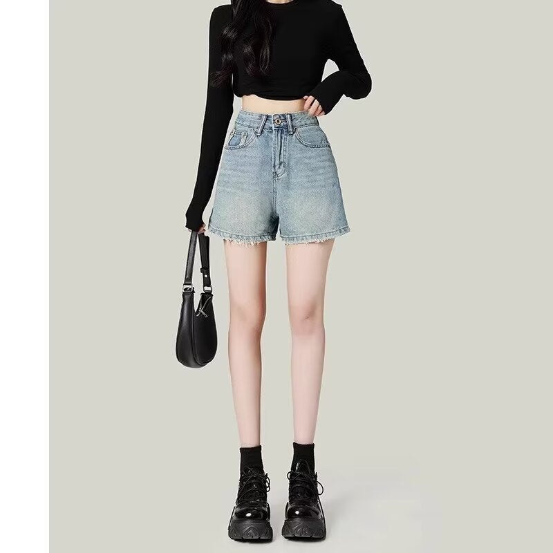 Summer Retro Denim Shorts Women's High Waist Loose and Slimming Hot Pants Small A- line Pants Burr Straight Pants