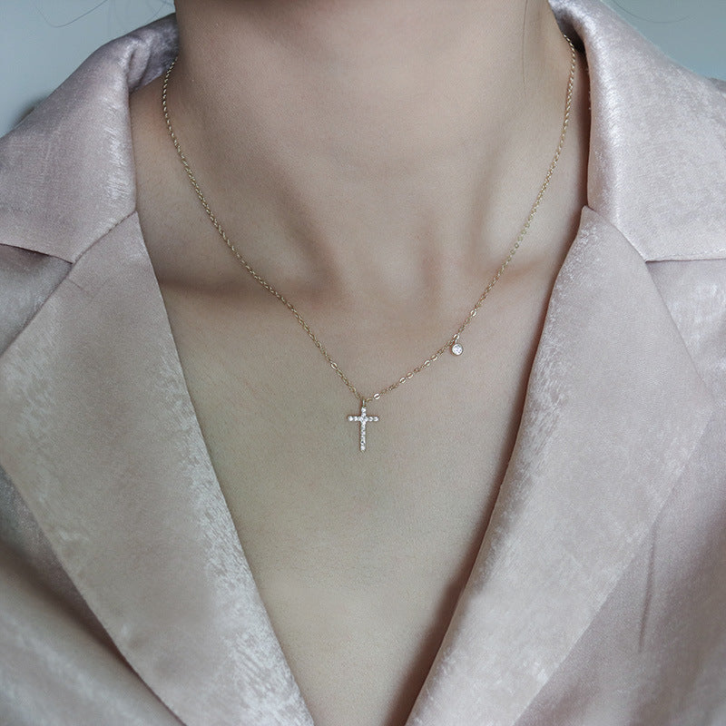 S925 Sterling Silver Diamond Cross Necklace Classic Exquisite Refined Grace Light Luxury Minority High-Grade Clavicle Chain