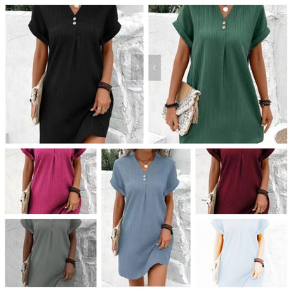 LOVECCR Cross-Border European and American Women's Clothing  New  Hot Sale V-neck Solid Color Pullover Leisure Button Dress in Stock