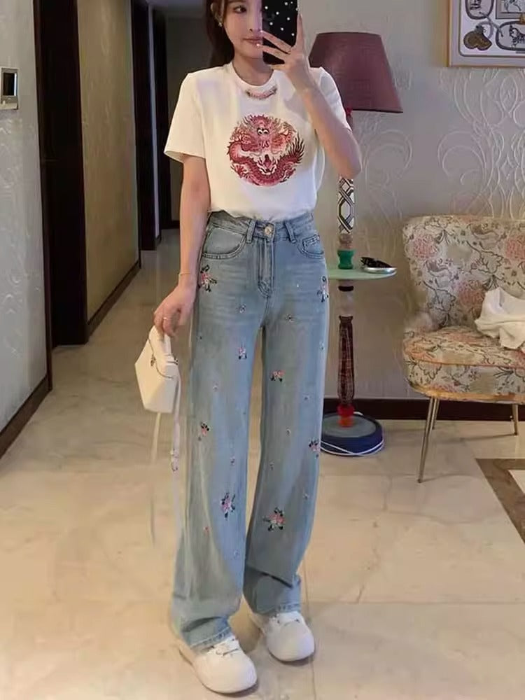 In Stock Early Spring 2024 Rhinestone New Chinese Style Chinese Style Embroidery Washed Jeans Women's All-Match Fashion Straight Pants Trendy Women's