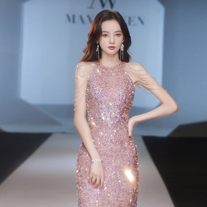 LOVECCR  Evening Dress Banquet Temperament Light Luxury Minority  Host Halter Socialite Design Sense Fishtail Sequins Dress