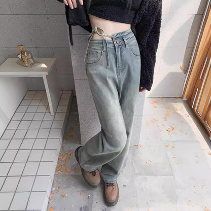 Spring/Summer 2024 New Wide-Leg Jeans Women's Loose Slimming Fashionable All-Match Lace-up Mop Jeans for Women