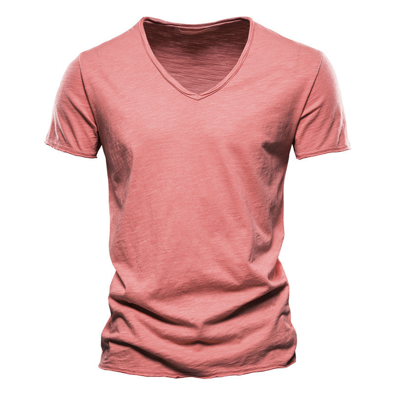 Summer Foreign Trade Popular Style Men's New Pure Color Slub Cotton V-neck Short-Sleeved T-shirt Cotton Hot Sale European and American Style Men's Clothing