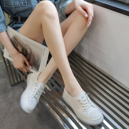 loveccr Top Layer Cowhide Hollow Breathable White Shoes for Women  New Soft Bottom Pumps Casual Shoes Slip-on Flat Sneakers