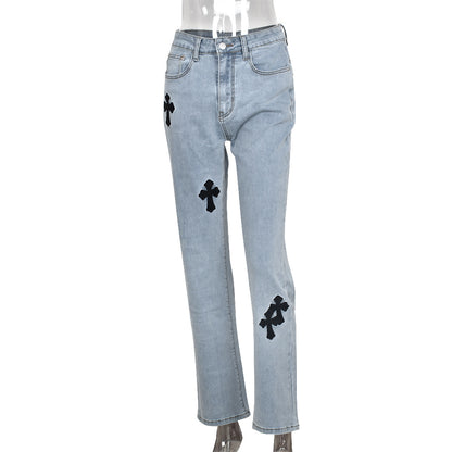 8082dn European and American Women's Clothing 2024 Spring Ins New Embroidered Cross High Waist Pocket Street Sexy Jeans