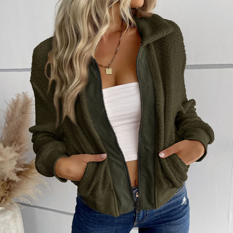 LOVECCR women's clothing Hot autumn and winter new 2025  trade lamb wool cardigan lapel zipper jacket