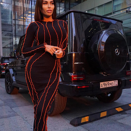 LOVECCR Europe, America  autumn and winter explosive products new small pit strip round neck anti-car side dress  foreign trade wholesale women's clothing