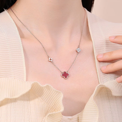 S999 Pure Silver Clover Red Agate Necklace Female Pendant Light Luxury Minority  New Birthday Gift for Girlfriend