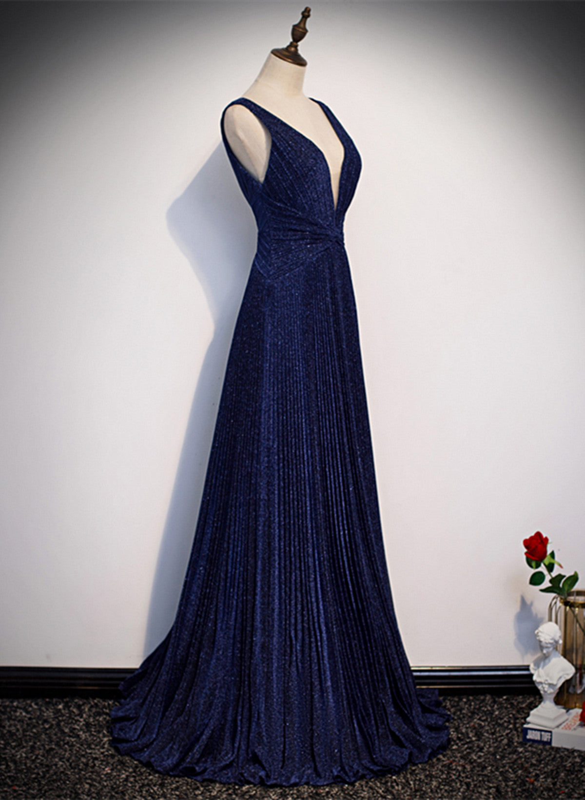 LOVECCRA-line Navy Blue V-neckline Long Party Dress, Navy Blue Long Prom Dress