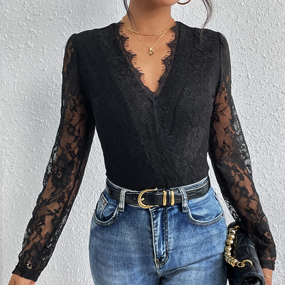 LOVECCR 2025 foreign trade explosion lace splicing long-sleeved onesie slim-fitting lace V-neck women's clothing hollowed-out jumpsuit at the back