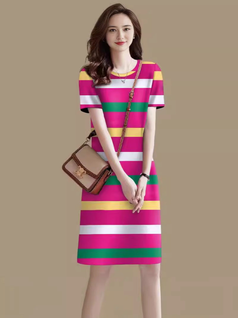 Wholesale  Summer New Middle-Aged Mom Age-Reducing round Neck Striped Dress Slimming Dress One Piece Dropshipping