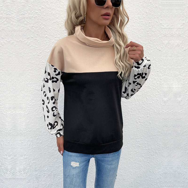 LOVECCR New Cross-border popular autumn and winter new products 2025 casual tops leopard print color matching long-sleeved turtleneck sweater