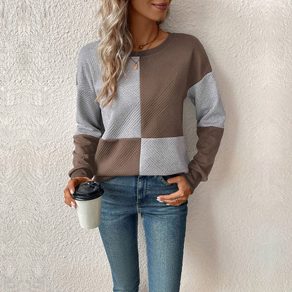 LOVECCR 2025 women's clothing Hot autumn new  long-sleeved color matching pullover round neck texture sweater women's models