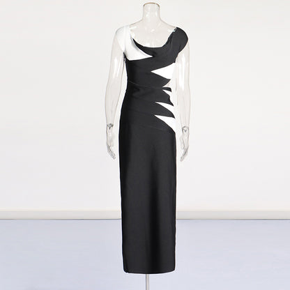 LOVERCCR  Fashion Socialite Style Evening Dress  New Elegant Elegant Black and White Contrast Color off-Shoulder Dress Women