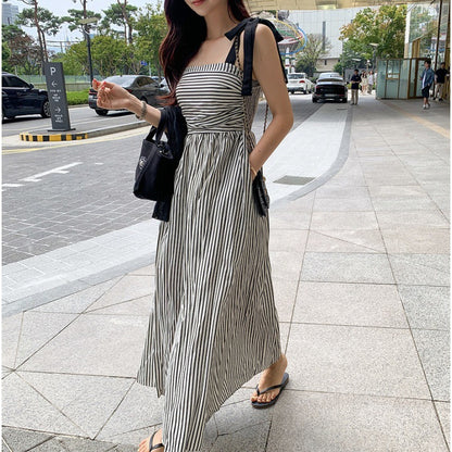 LOVECCR South Korea Chic Summer Niche Temperament Square Collar off-Shoulder Contrast Color Striped Waist Slimming Sling Dress Dress