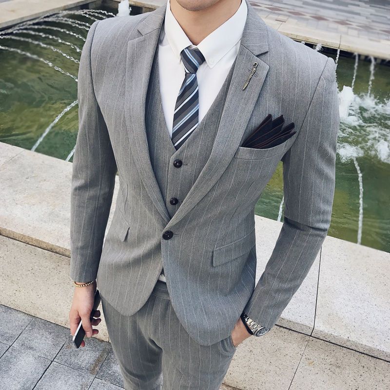 LOVECCR  Suit Suit Men's Three-Piece Casual Striped Suit Korean Style Slim-Fitting Suit Bridegroom Handsome Wedding Dress Fashion