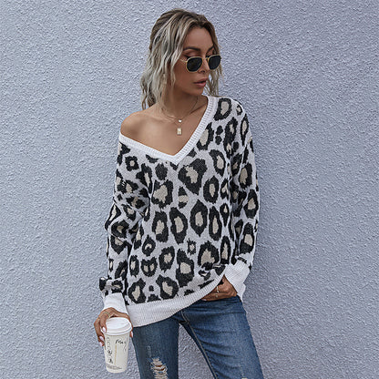 LOVECCR popular  2025n spring and autumn women's clothing V-neck knitted sweater women's 2025 style leopard print knitted jumper