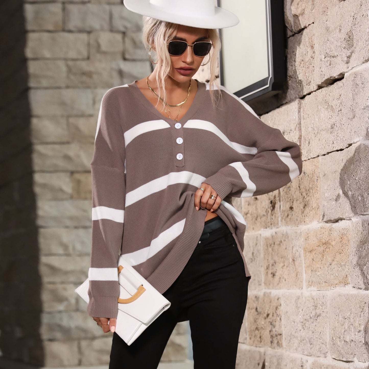 LOVECCR New  Hot Trade popular New 2025 Women's Early Autumn V-Neck Long Sleeve Striped Sweater Women